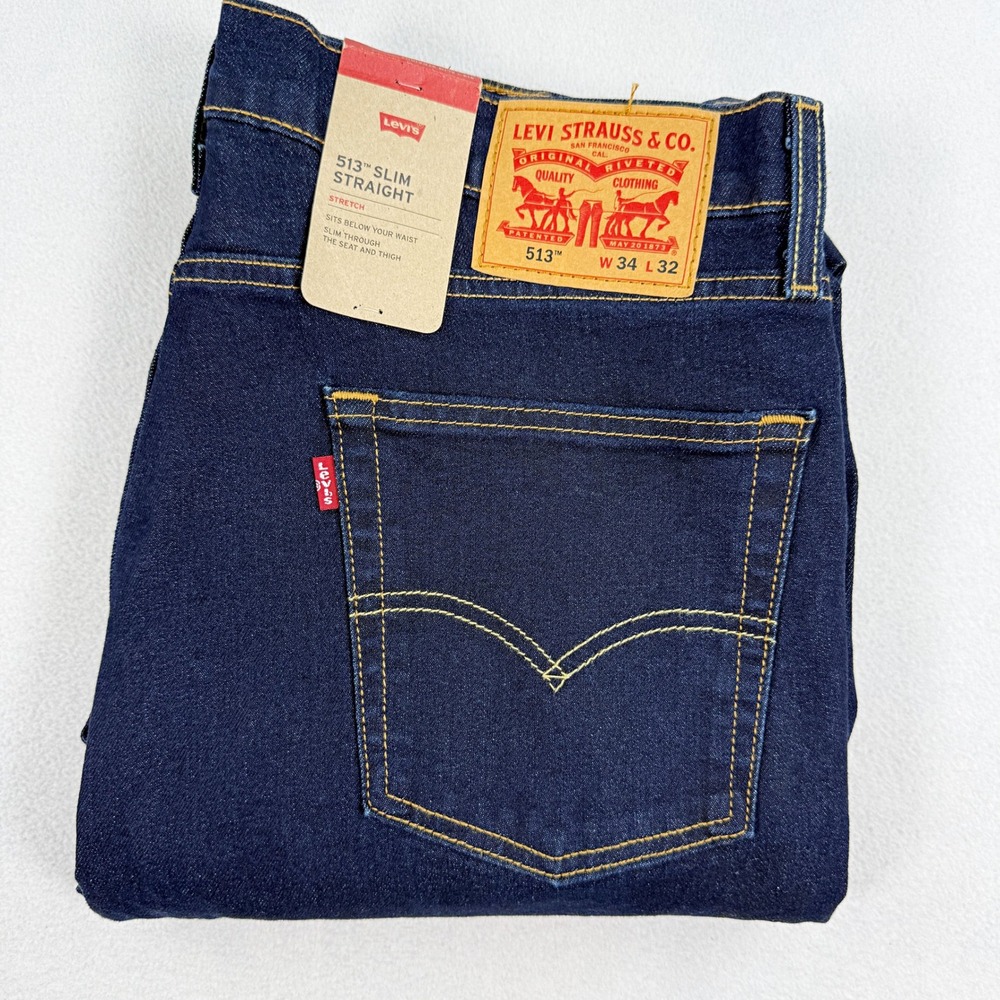 Levis 513 Slim Straight Strech Jeans / Size 34x32 Mens / Dark Blue Wash - NEW